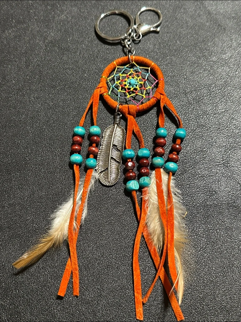 225.  Dream Catcher With Feathers & Wood Beads Key Chain / Bag Charm